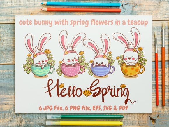 Cute Bunny with Flower Cups Graphics